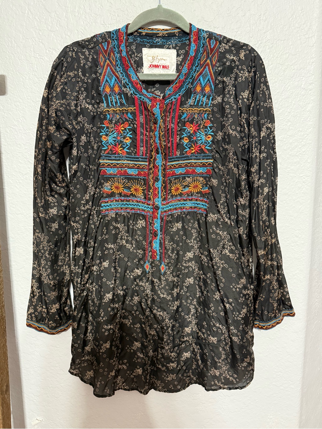 Johnny Was Biya Black Top With Turquoise, Red And Gold Embroidery Trim